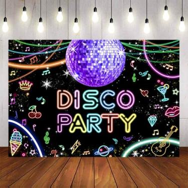 Imagem de Aumeko Fundo de 2,1 x 1,5 m, discoteca, festa, discoteca, retrô, anos 70, 80, 90, luzes brilhantes, luzes brilhantes, rádio urbano, cenários de aniversário, decorações de mesa de bolo para Adutls