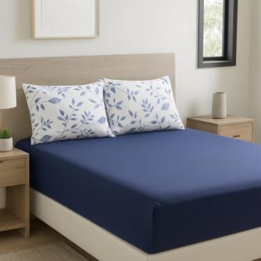 Imagem de Jogo de Lençol Teka Diamante 3 Peças Casal 100% Algodão 150 Fios (Azul Marinho Fronha Floral)