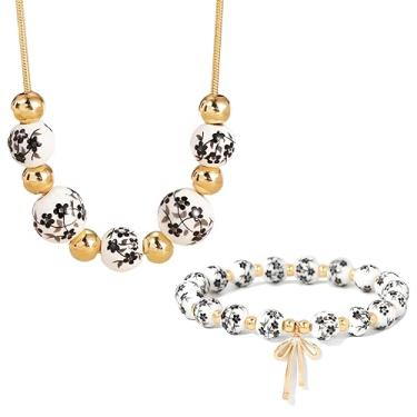 Imagem de WCRAZYE Conjunto de colar e brincos de laço de cerâmica dourada para mulheres flor vintage azul e branco porcelana esmalte fita brinco joia romântica, Medium, Liga de aço, Sem Pedra Preciosa