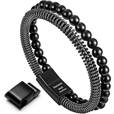 Imagem de Murtoo Pulseira masculina de couro com miçangas, contas naturais, pulseira de aço e couro para presente de Natal masculino, Couro