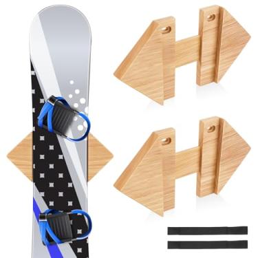 Imagem de AceOrbit 2 peças de suporte de prancha de esqui de madeira natural para casa, garagem, loja, snowboard, suporte de exibição para armazenamento com 2 grampos de freio para snowboard