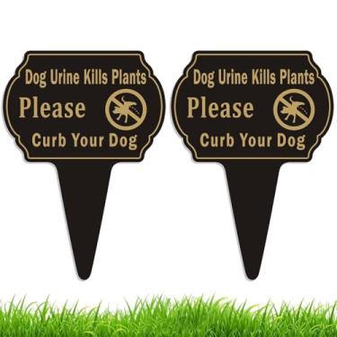Imagem de Felexdo Placa Dog Urine Kills Plants Curb Your Dog, 13,6 x 23,5 cm, pacote com 2, placa sem xixi ou cocô na grama com placa de metal dupla face com estaca integrada para gramado à prova de intempéries