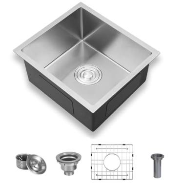 Imagem de Pia de cozinha profunda de aço inoxidável 304 moderna tigela única pequena pia de estação de trabalho com grade e ralo de prato (aço inoxidável, montagem inferior de 38 x 48 cm)