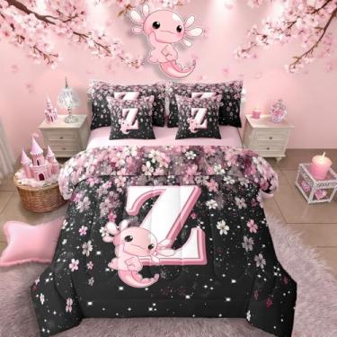 Imagem de Erosebridal Jogo de cama casal com tema de axolote fofo em uma bolsa, 7 peças, para crianças, meninas e adolescentes | Jogo de cama com lençol de cima com lençol de cima com elástico (rosa e branco)