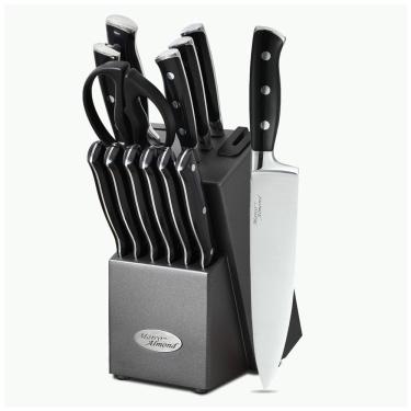 Imagem de Conjunto de Facas em Aço Inoxidável com Afiador Embutido e Bloco de Bancada 14 Peças, MARCO ALMOND KYA31, Preto
