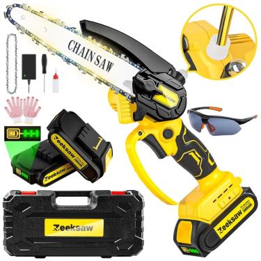 Imagem de Mini Motoserra Elétrica Portátil com Lubrificação Automática e 2 Baterias de 21V 2000mAh, Zeeksaw, Amarela