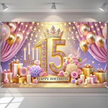 Imagem de HOMETITUTE Decoração de fundo de feliz aniversário de 15 anos para meninas, faixa de fundo de coroa de festa com balões dourados, flores e velas, faixa de aniversário, fundos para fotografia de férias