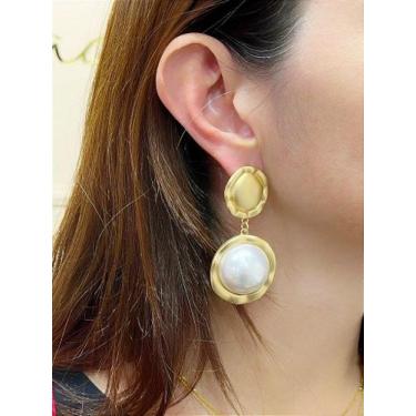 Imagem de Brinco Meia Pérola Articulado - Banho de Ouro com Verniz Italiano - 1 