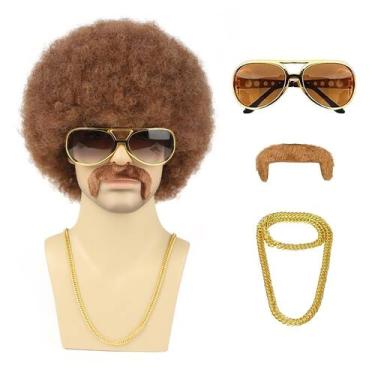 Imagem de Peruca afro TUOFLY 70s 80s marrom para homens com colar de óculos