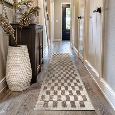 Imagem de Rugshop Tapete quadriculado bege – Tapete texturizado com padrão quadriculado para sala de estar, quarto ou escritório – Decoração de piso suave contemporânea neutra 7,6 cm x 12' bege corredor