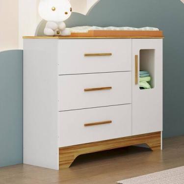 Imagem de Cômoda Infantil Popy 1 Porta 3 Gavetas 100% Mdf Branco Brilho/Amêndoa 