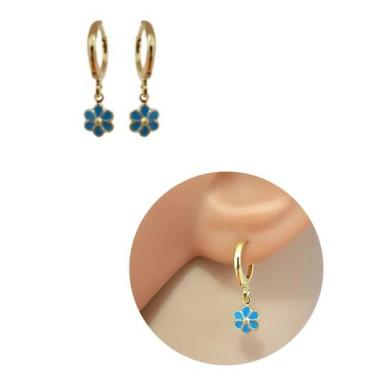 Imagem de Brinco Argolinha Infantil Florzinha Azul Folheado Ouro 18k - MIXFOLHEA