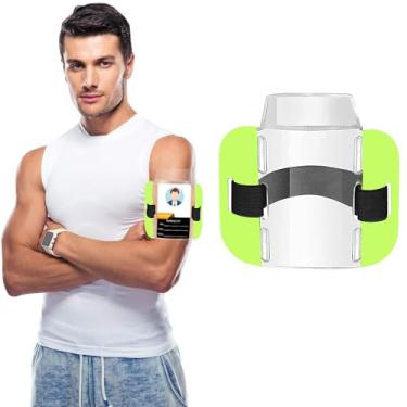 Imagem de Suporte de crachá de braçadeira com faixa de braço elástica ajustável preta e fecho de velcro - Exibição de plástico seguro e transparente do cartão de trabalho, passe de esqui, bilhete de elevação