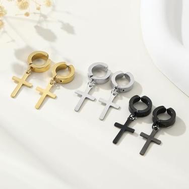 Imagem de 3 pares de brincos de argola de cruz de aço inoxidável para mulheres e homens, hipoalergênicos, dourados, prateados, pretos, brincos para mulheres, brincos modernos para homens, Halloween, Natal