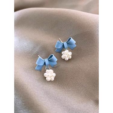 Imagem de Brincos de laço de flores elegantes de metal a óleo gotejamento azul laço falso pérola brincos para mulheres uso diário presente de dia dos namorados e mães, Medium, Latão, Sem pedra preciosa