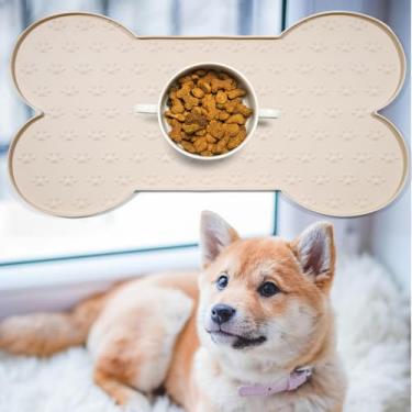 Imagem de Tapete de silicone para ração para cães, em forma de osso, impermeável, antiderrapante, para animais de estimação, com borda elevada, jogo americano de alimentação de cães e gatos mais espesso (bege)