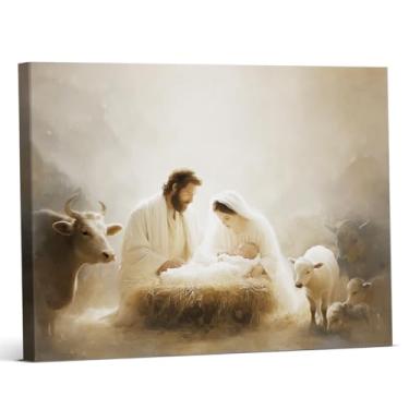 Imagem de Decoração de parede de Natal de presépio vintage Cristão Jesus Sagrada Família Estampas Pintura Decoração de Parede de Natal para Casa Fazenda Sala de Estar 20 x 25 cm Emoldurado