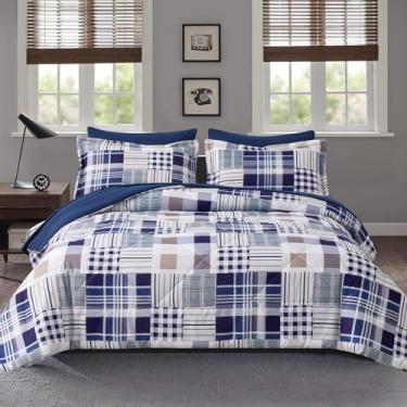 Imagem de Jogo de cama king size com edredom xadrez de patchwork - 7 peças em uma bolsa, macio e fofo reversível (1 edredom, 1 lençol de cima, 1 lençol com elástico, 2 fronhas, 2 fronhas), azul-marinho