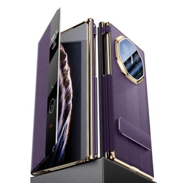 Imagem de HAOMRIYL Coldre para Huawei Mate Xts/XT, janela de visão clara, capa de couro legítimo, suporte invisível, capa fólio de luxo, à prova de choque, roxo, XTS