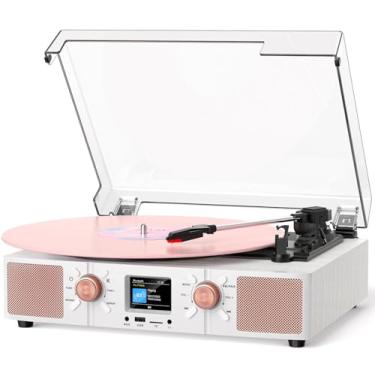 Imagem de Toca-discos de vinil com alto-falantes embutidos, toca-discos Bluetooth vintage de 3 velocidades com gravação USB, visor LCD, relógio, conectores RCA/fone de ouvido/AUX, leitor de LP acionado por