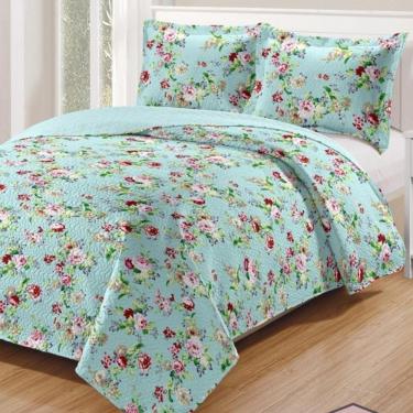 Imagem de Kit Cobre Leito Colcha Daily Casal 3 Peças Dupla Face Estampado - Floral 28 - 100% Poliéster