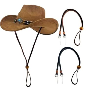 Imagem de Decker Leather Hat Strap for Cowboy and Sun Hats 2PCS Rmovable Hat Chin Cord (1 Black+1 Brown)