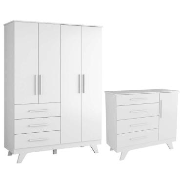 Imagem de Jogo De Quarto Infantil Retrô Guarda Roupa E Cômoda Branco Brilho - Móveis Peroba