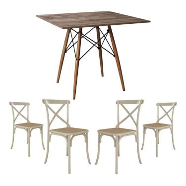 Imagem de Jogo De Mesa Eiffel Quadrado Tampo De Madeira 90Cm Amêndoa Com 4 Cadeiras Katrina Off White Assento