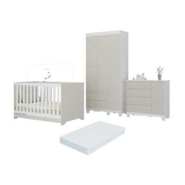 Imagem de Quarto de Bebê Completo Berço Americano 3 em 1 Colchão Dengo Multimóveis Mp4608 Branco/off White