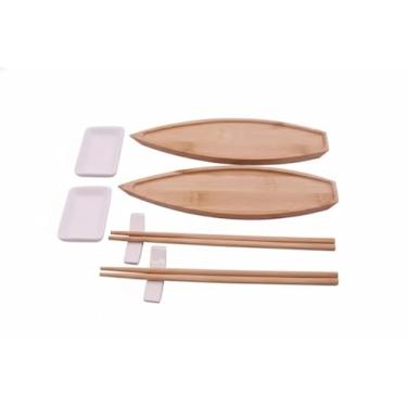 Imagem de Conjunto de Sushi em Bambu, 2 Pratos Ovais, 2 Molheiras, 2 Pares de Hashi com Suporte, Cerâmica e Madeira Natural