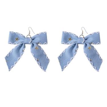 Imagem de Brincos femininos com pingente de laço de brim azul boêmio grande tecido exagerado laço estrela pendurada declaração brincos fita leve anzol vintage joia de festa de Natal, Medium, Metal, Sem pedra