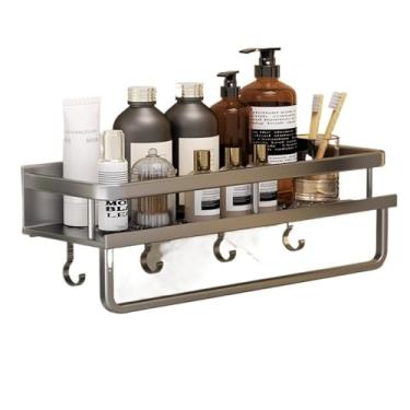 Imagem de LXPYMXDP Organizador de prateleira de chuveiro, acessórios de banheiro adesivos com ganchos, artigos de higiene pessoal, prateleiras de chuveiro economizam espaço (preto arma, 40 cm)/preto de arma +