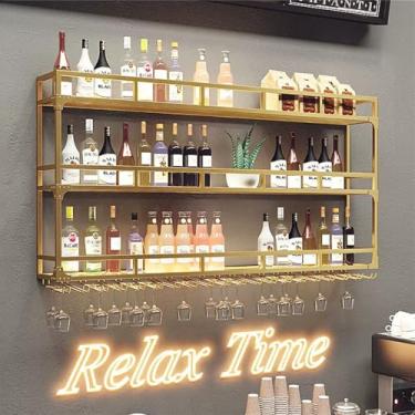 Imagem de Prateleira de vinho montada na parede com 3 níveis de metal, prateleiras de parede flutuantes, rústicas com luz LED, suporte para garrafa de vinho para casa, restaurante, bares, sala de estar