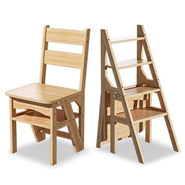 Imagem de Banqueta de madeira, cadeira de escada dobrável de madeira maciça para cozinha, cadeira de escada dobrável doméstica escada portátil e combinação de cadeiras (branca) (cor de madeira)