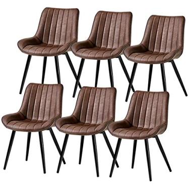 Imagem de Cadeira de jantar, cozinha, sala de jantar, móveis, cadeiras de couro PU, conjunto de 6 cadeiras de jantar com encosto e assento acolchoado, pernas de metal de couro sintético, cadeiras vintage para