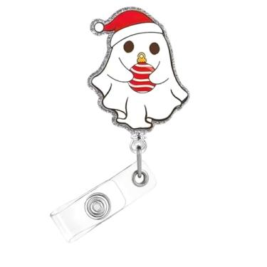 Imagem de Carretel de crachá de Natal, lindo crachá de acrílico fantasma para crachá de identificação com chapéu de Natal, suporte retrátil telescópico, clipe de jacaré, acessórios para enfermeiras