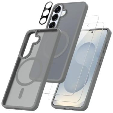 Imagem de Capa magnética para Samsung Galaxy S26 5G com 2 películas de vidro temperado com 1 protetor de lente de câmera fosco translúcido à prova de choque (cinza)