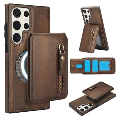 Imagem de Carteira destacável compatível com carregamento sem fio Magsafe para Samsung Galaxy S23 Ultra capa com suporte para cartão, bolso com zíper, suporte 2 em 1 à prova de choque (marrom)