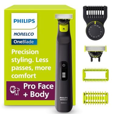 Imagem de Norelco Philips OneBlade Pro 360 Face + Body, barbeador elétrico, aparador de barba e aparador corporal, com tecnologia de lâmina 360, pente de precisão de 14 comprimentos, kit corporal, bolsa macia