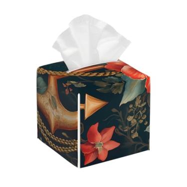 Imagem de Suporte quadrado de couro para caixa de lenços de papel, impermeável, âncora, flor, colorfu, organizador de papel facial com cinto inferior, estojo de lenços para mesa, banheiro, escritório, mesa
