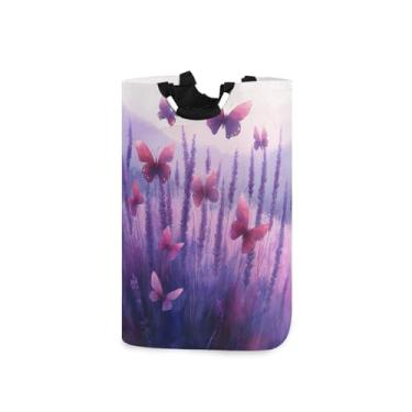 Imagem de ATTX Cesta de lavanderia de campo de lavanda com borboletas com alças acolchoadas – cesto de roupas dobrável à prova d'água para banheiro, quarto, dormitório, cesta organizadora de lavanderia