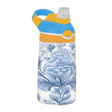 Imagem de Blueangle Garrafa de água com padrão floral azul de 473 ml, garrafa de viagem e esportes Tritan reutilizável com canudo e design de tampa de bico pop-up (169)