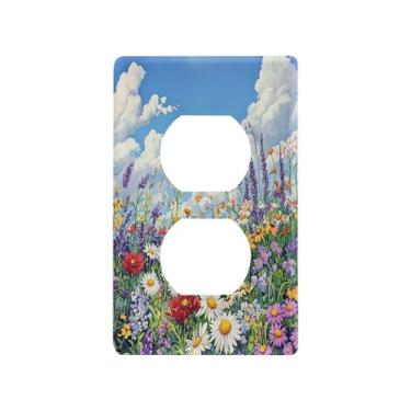 Imagem de Blueangle Placa de parede de tomada dupla de flores silvestres coloridas, tamanho padrão, placas de cobertura de tomada elétrica de 1 gangue para decoração de quarto de escritório em casa, 4,53 x 2,76
