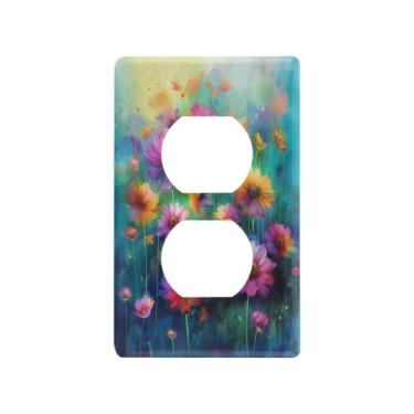 Imagem de Blueangle Placa de parede com pintura de flores coloridas, tomadas duplas, tamanho padrão, placas de cobertura de tomada elétrica de 1 gangue para decoração de quarto de escritório em casa, 4,53 x