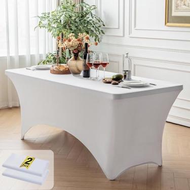 Imagem de FOLINS&HOME Pacote com 2 toalhas de mesa brancas retangulares de 1,8 m com elástico, capa de mesa lavável de elastano resistente à água para mesas de 1,8 m, toalha de mesa elástica para casamentos