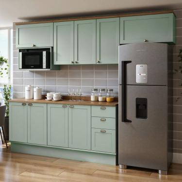 Imagem de Cozinha Modulada Completa 6 Peças 100% Mdf Internacional Provençal com Tampo e Rodapé Iluminata Verde Mint/Ébano Fosco