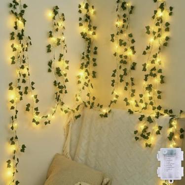Imagem de CEWOR Videira com luzes de fadas operadas a pilha, 12,2 m, 120 luzes de LED, guirlanda de hera artificial com luzes para quarto, quarto, parede, jardim, festa, decoração de casamento