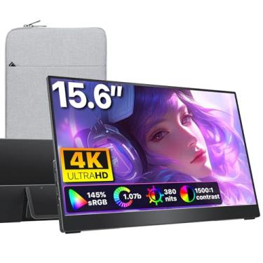 Imagem de cocopar Monitor portátil de 15,6 polegadas 4K UHD 3840X2160 Monitor de viagem com alto-falante HDMI USB-C Display externo para laptop, MacBook, Surface PC, Xbox PS4/5, com suporte, montagem VESA