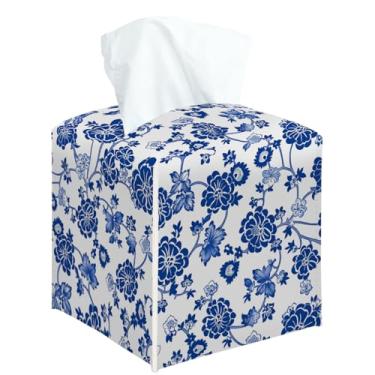 Imagem de Capa quadrada de caixa de lenços de flores azuis, suporte de caixa de lenços decorativa floral em aquarela para quarto, banheiro, cozinha, escritório, bancada, organizador de papel facial de couro -23