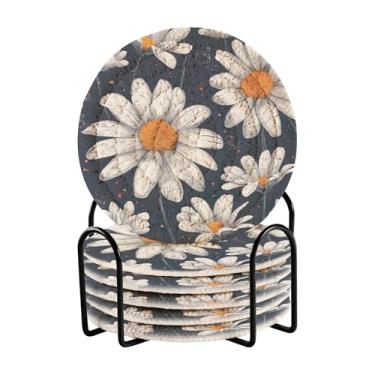 Imagem de Qilmy Conjunto de 6 peças para copos de flores de margaridas bonitas ou porta-copos de bar para bebidas, porta-copos de fazenda ou porta-copos de mesa rústicos, porta-copos modernos de algodão para o